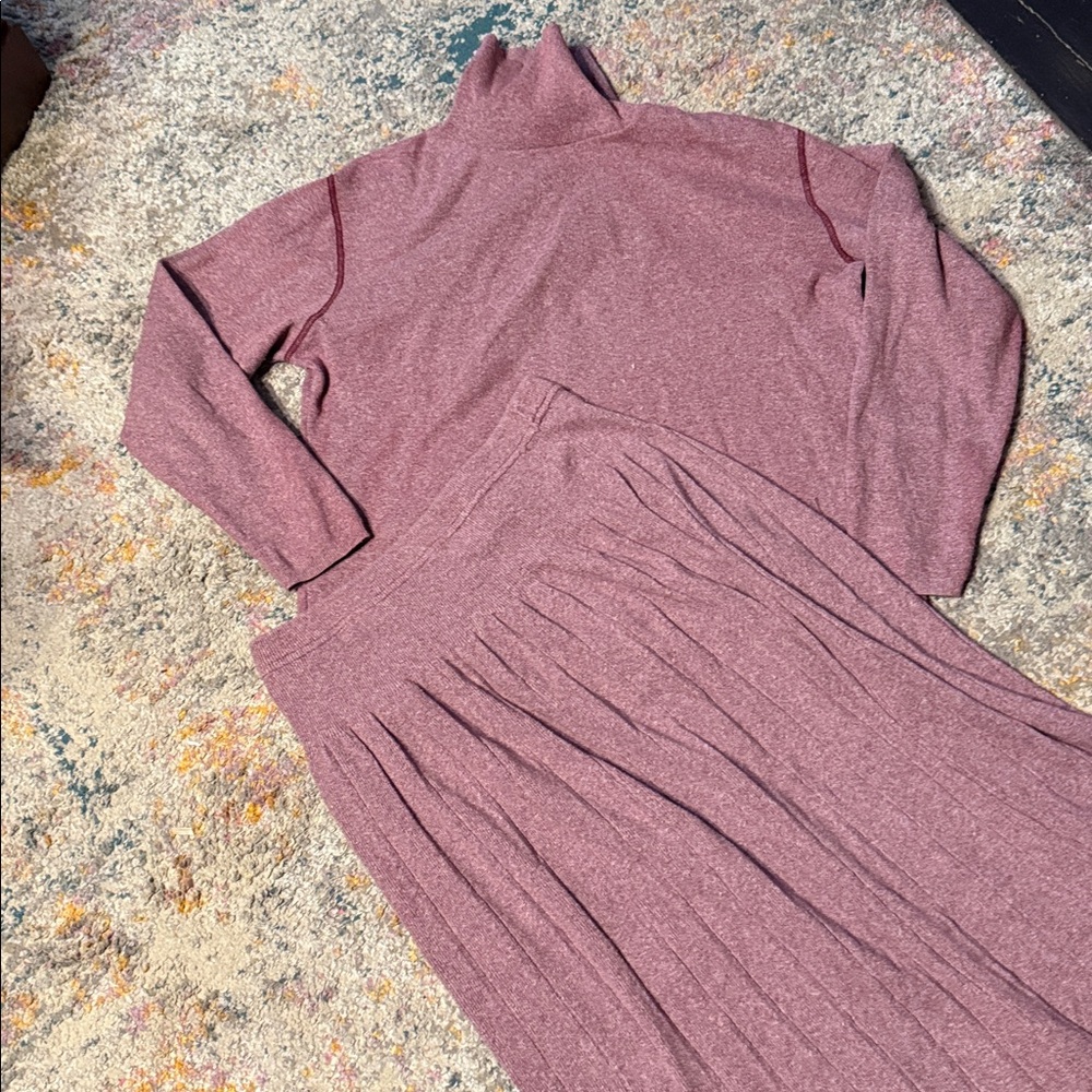 Women's 100% Cotton Turtleneck Sweater Set w/ Pleated Skirt - Pink/Purple L